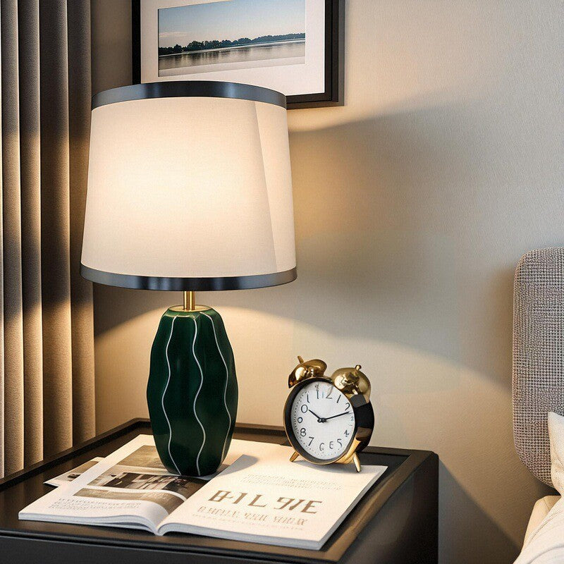 Contemporary Scandinavian Round Wave Oval Fabric Ceramic 1-Light Table Lamp For Living Room