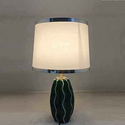 Contemporary Scandinavian Round Wave Oval Fabric Ceramic 1-Light Table Lamp For Living Room