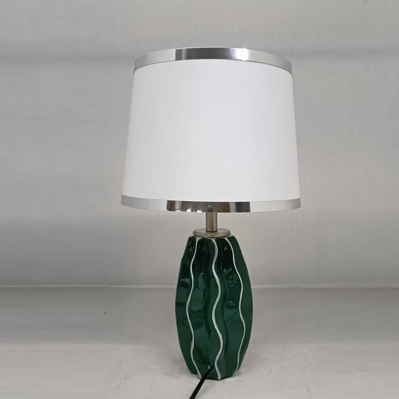 Contemporary Scandinavian Round Wave Oval Fabric Ceramic 1-Light Table Lamp For Living Room
