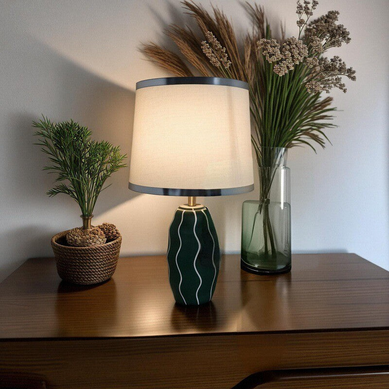 Contemporary Scandinavian Round Wave Oval Fabric Ceramic 1-Light Table Lamp For Living Room