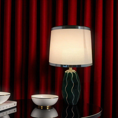 Contemporary Scandinavian Round Wave Oval Fabric Ceramic 1-Light Table Lamp For Living Room