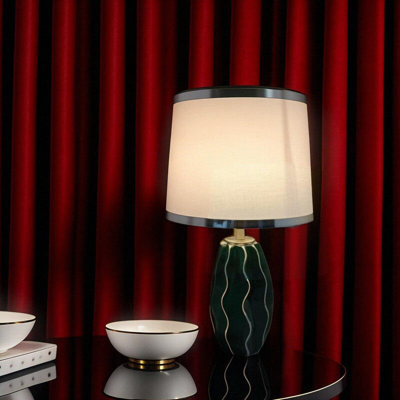 Contemporary Scandinavian Round Wave Oval Fabric Ceramic 1-Light Table Lamp For Living Room