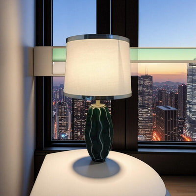 Contemporary Scandinavian Round Wave Oval Fabric Ceramic 1-Light Table Lamp For Living Room
