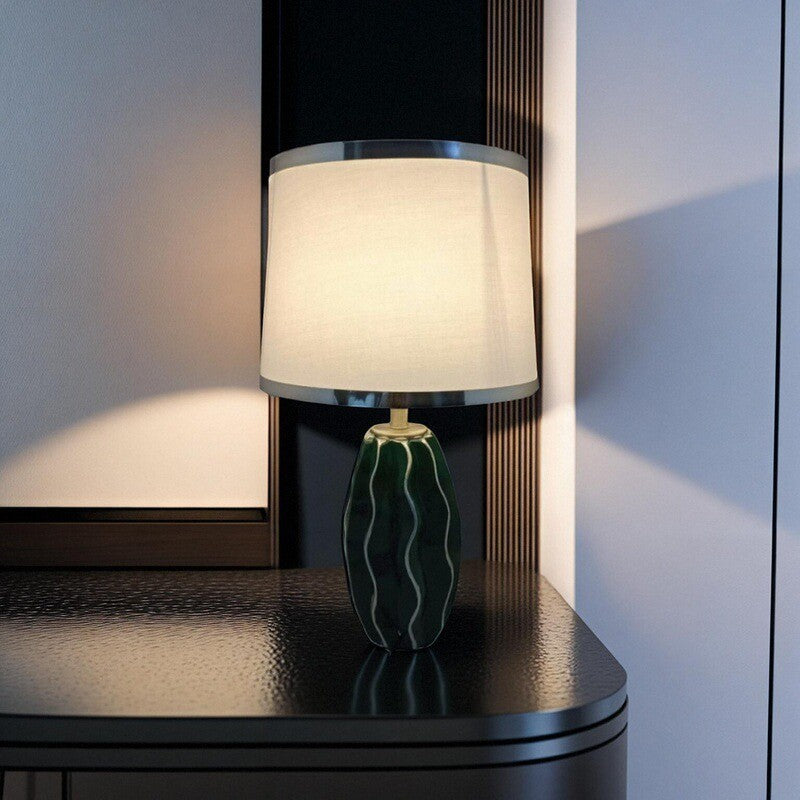 Contemporary Scandinavian Round Wave Oval Fabric Ceramic 1-Light Table Lamp For Living Room