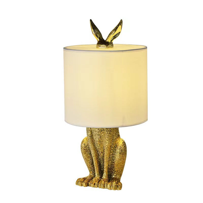 Contemporary Scandinavian Rabbit Round Cylinder Fabric Resin 1-Light Table Lamp For Living Room