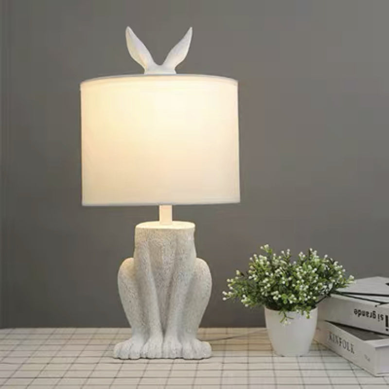 Contemporary Scandinavian Rabbit Round Cylinder Fabric Resin 1-Light Table Lamp For Living Room