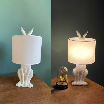 Contemporary Scandinavian Rabbit Round Cylinder Fabric Resin 1-Light Table Lamp For Living Room