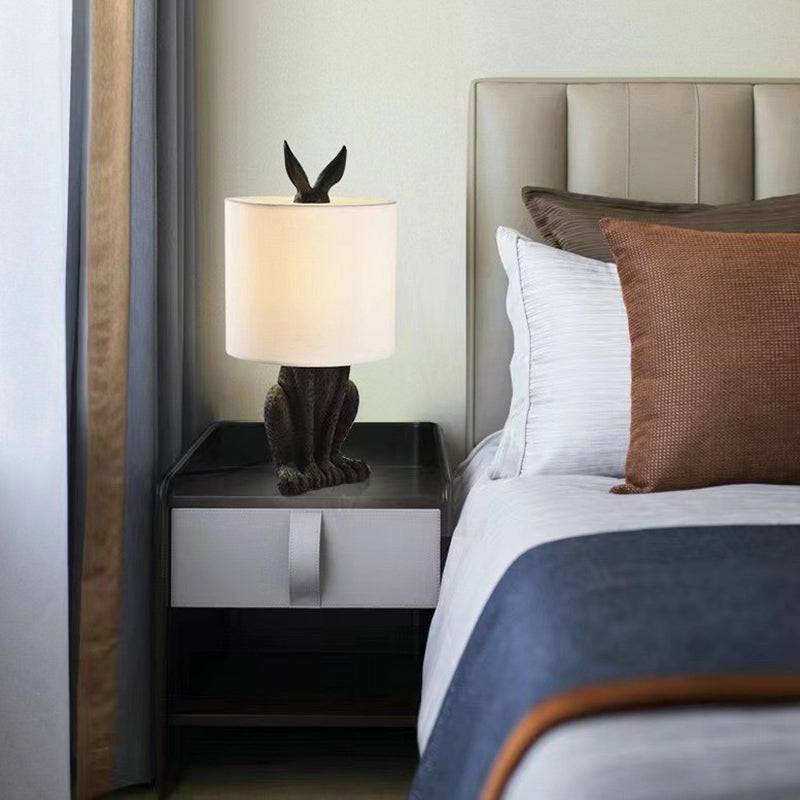 Contemporary Scandinavian Rabbit Round Cylinder Fabric Resin 1-Light Table Lamp For Living Room