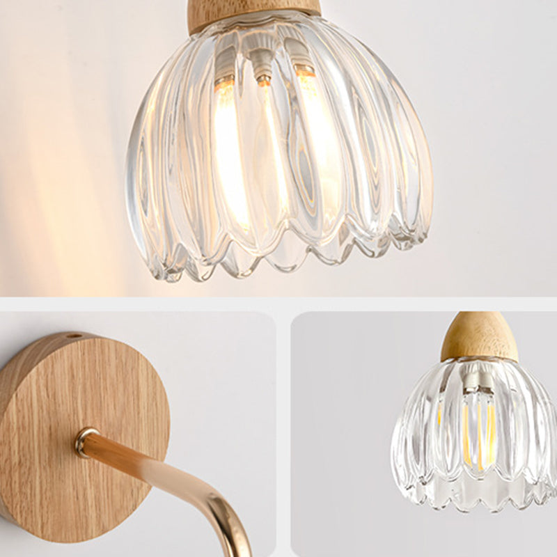 Contemporary Scandinavian Pod Round Curved Glass Wood 1-Light Wall Sconce Lamp For Bedroom