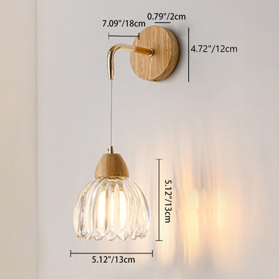 Contemporary Scandinavian Pod Round Curved Glass Wood 1-Light Wall Sconce Lamp For Bedroom