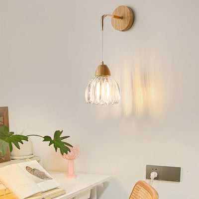 Contemporary Scandinavian Pod Round Curved Glass Wood 1-Light Wall Sconce Lamp For Bedroom