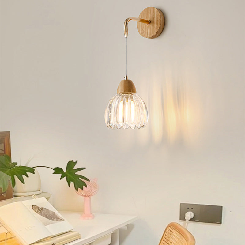 Contemporary Scandinavian Pod Round Curved Glass Wood 1-Light Wall Sconce Lamp For Bedroom