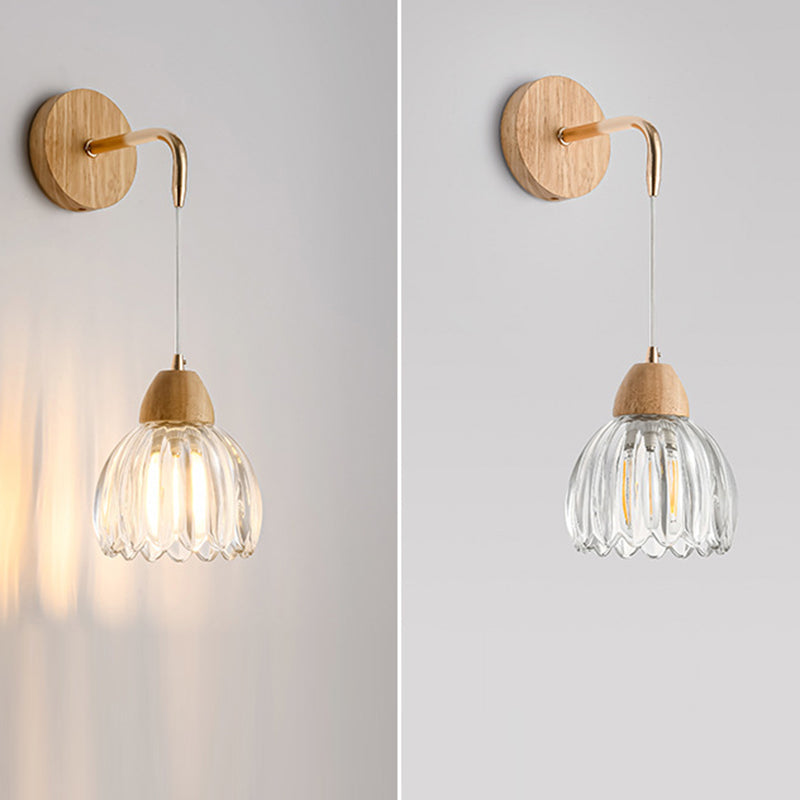 Contemporary Scandinavian Pod Round Curved Glass Wood 1-Light Wall Sconce Lamp For Bedroom