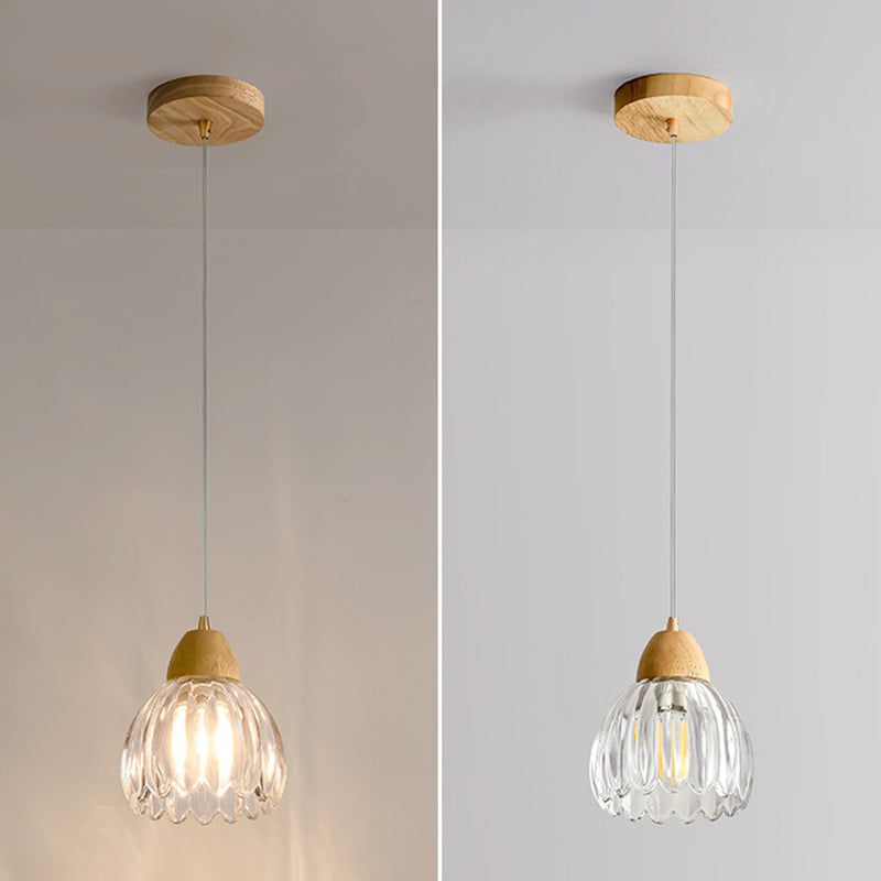 Traditional Japanese Round Distressed Floral Glass Rubberwood 1-Light Pendant Light For Living Room
