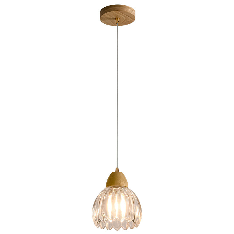 Lustre suspendu traditionnel japonais rond en verre floral vieilli en bois de caoutchouc à 1 lumière pour salon 