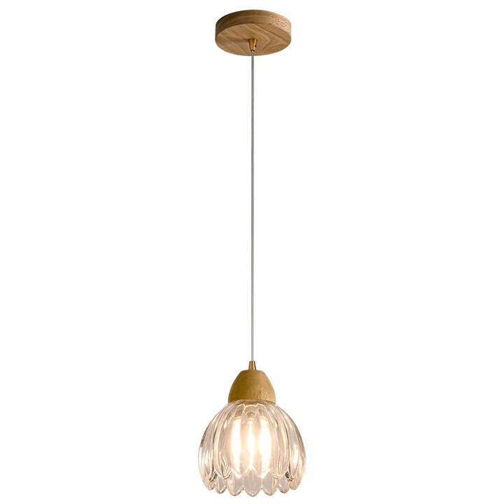 Lustre suspendu traditionnel japonais rond en verre floral vieilli en bois de caoutchouc à 1 lumière pour salon 