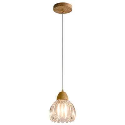 Traditional Japanese Round Distressed Floral Glass Rubberwood 1-Light Pendant Light For Living Room