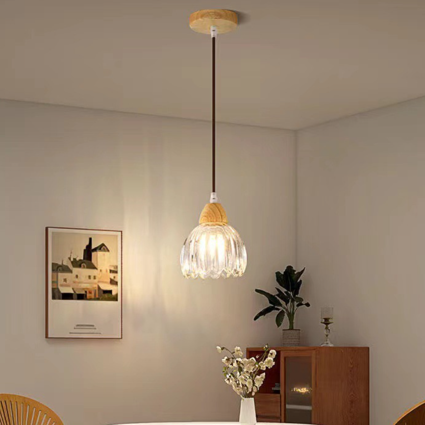 Lustre suspendu traditionnel japonais rond en verre floral vieilli en bois de caoutchouc à 1 lumière pour salon 