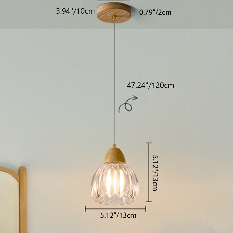 Traditional Japanese Round Distressed Floral Glass Rubberwood 1-Light Pendant Light For Living Room