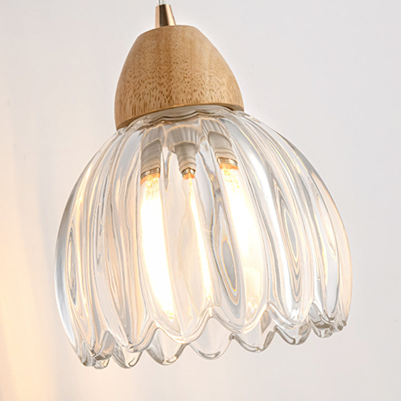 Lustre suspendu traditionnel japonais rond en verre floral vieilli en bois de caoutchouc à 1 lumière pour salon 
