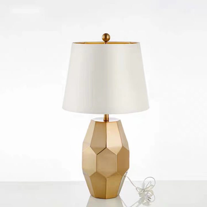 Lampe de Table Moderne de Luxe en Métal avec Abat-Jour Rond en Lin à Motif Festonné et Diamant à 1 Lumière pour Salon 