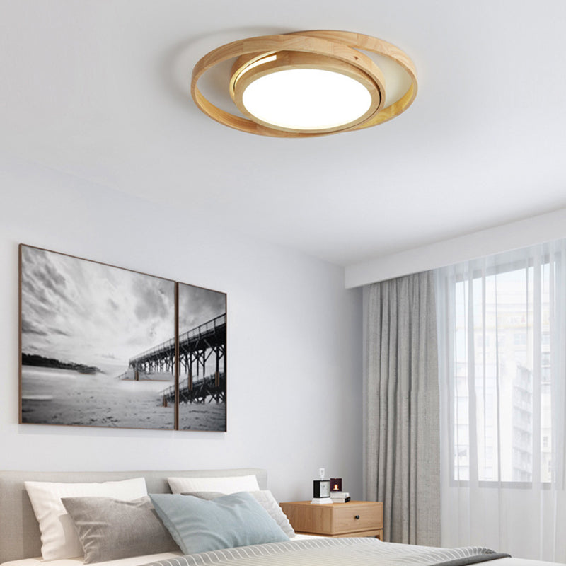 Contemporary Creative Ring Round Acrylic Rubberwood LED Flush Mount Ceiling Light For Living Room