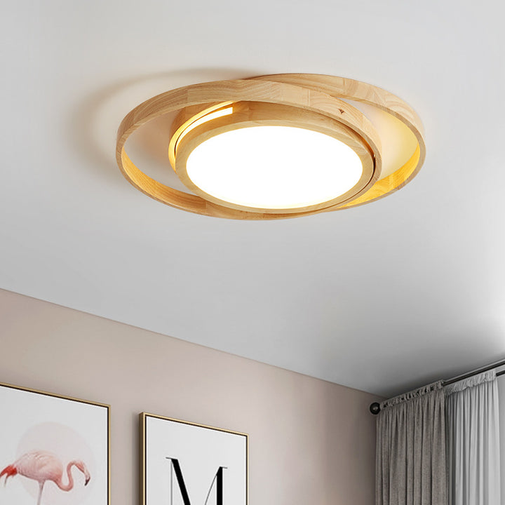 Contemporary Creative Ring Round Acrylic Rubberwood LED Flush Mount Ceiling Light For Living Room
