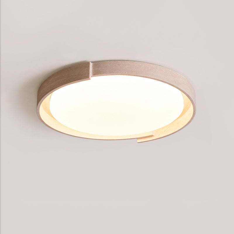 Moderne minimalistische runde Deckenleuchte aus cremefarbenem Acryl und gelbem Travertin mit LED für das Wohnzimmer 