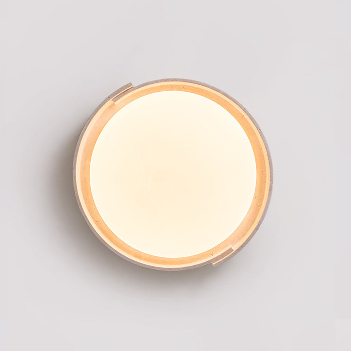 Moderne minimalistische runde Deckenleuchte aus cremefarbenem Acryl und gelbem Travertin mit LED für das Wohnzimmer 