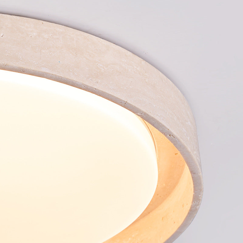 Moderne minimalistische runde Deckenleuchte aus cremefarbenem Acryl und gelbem Travertin mit LED für das Wohnzimmer 