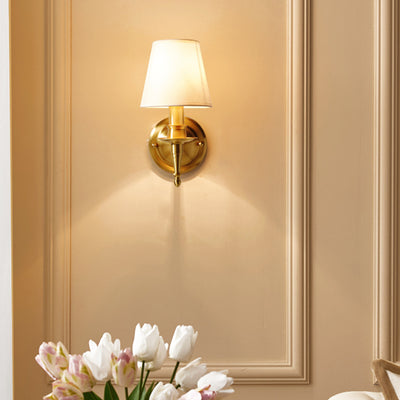 Traditional French Scalloped Round Fabric Copper 1/2 Light Wall Sconce Lamp For Living Room