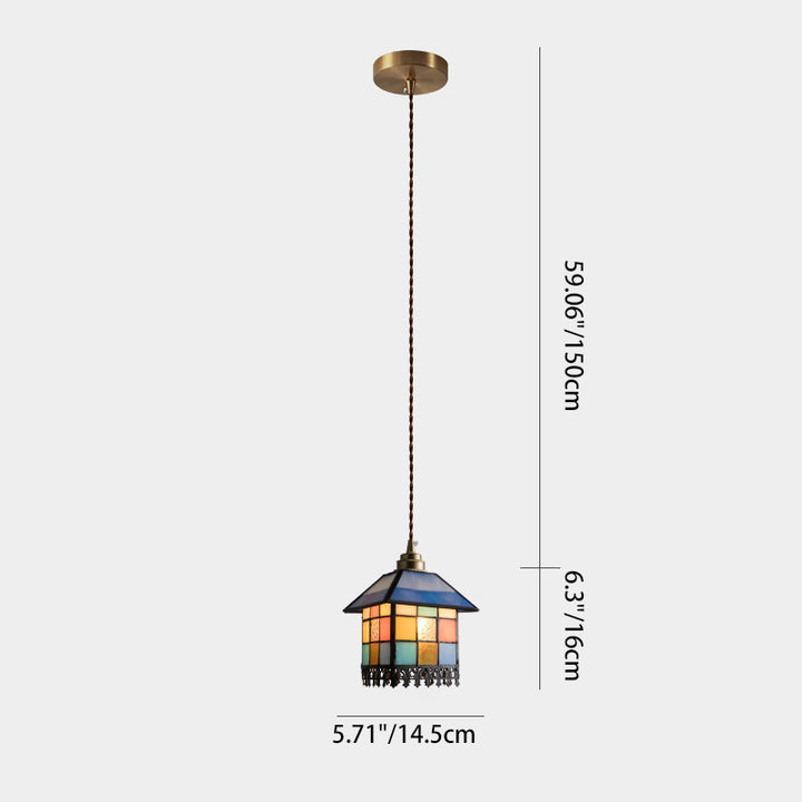 Forme de maison chinoise traditionnelle Carré Verre Cuivre Suspension à 1 lumière pour salon 