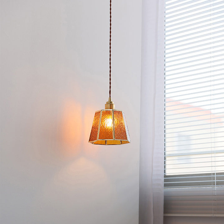 Lustre suspendu en laiton à 1 lumière en verre trapézoïdal polygonal vintage traditionnel pour salon 