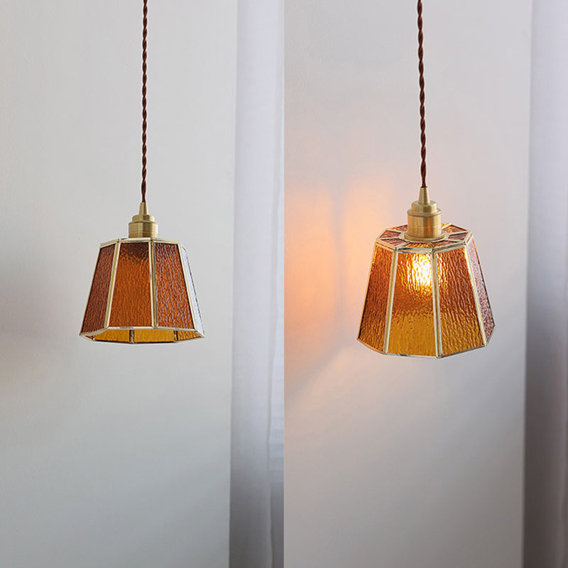 Lustre suspendu en laiton à 1 lumière en verre trapézoïdal polygonal vintage traditionnel pour salon 