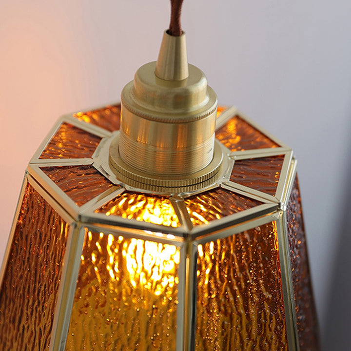 Lustre suspendu en laiton à 1 lumière en verre trapézoïdal polygonal vintage traditionnel pour salon 