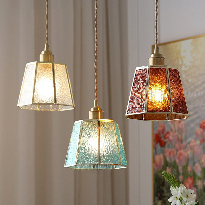 Lustre suspendu en laiton à 1 lumière en verre trapézoïdal polygonal vintage traditionnel pour salon 