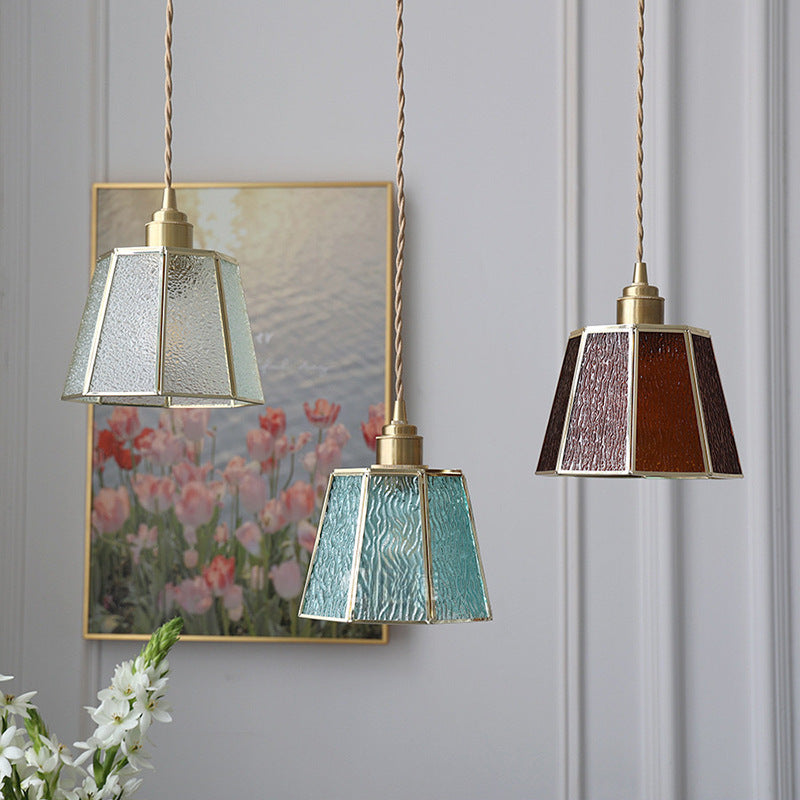 Lustre suspendu en laiton à 1 lumière en verre trapézoïdal polygonal vintage traditionnel pour salon 