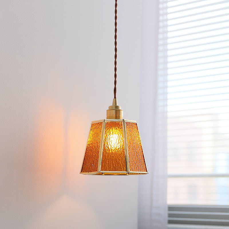 Lustre suspendu en laiton à 1 lumière en verre trapézoïdal polygonal vintage traditionnel pour salon 