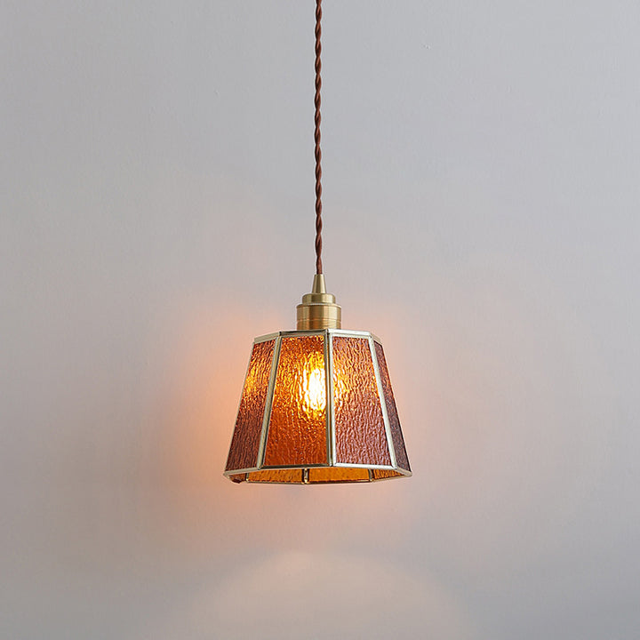 Lustre suspendu en laiton à 1 lumière en verre trapézoïdal polygonal vintage traditionnel pour salon 