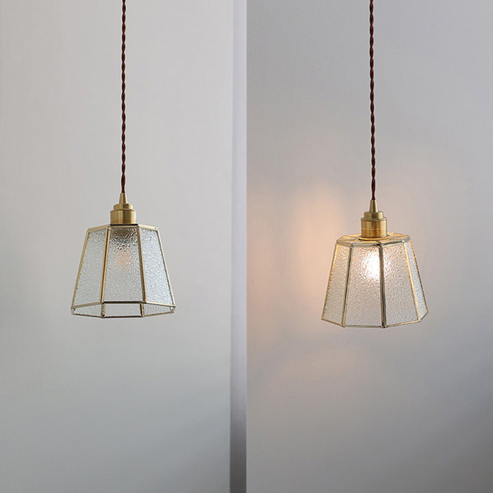 Lustre suspendu en laiton à 1 lumière en verre trapézoïdal polygonal vintage traditionnel pour salon 