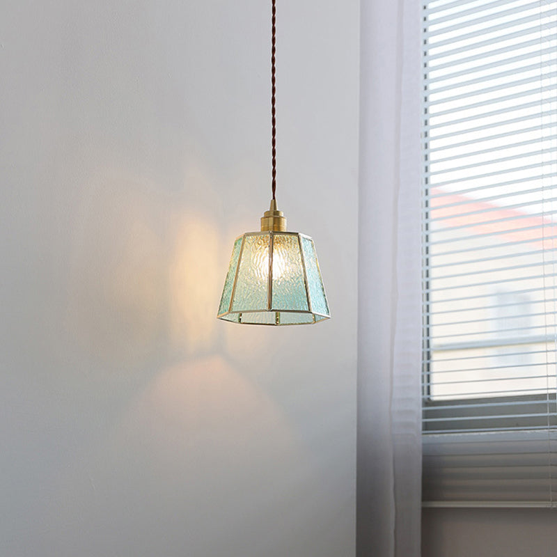 Lustre suspendu en laiton à 1 lumière en verre trapézoïdal polygonal vintage traditionnel pour salon 