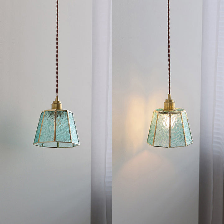 Lustre suspendu en laiton à 1 lumière en verre trapézoïdal polygonal vintage traditionnel pour salon 