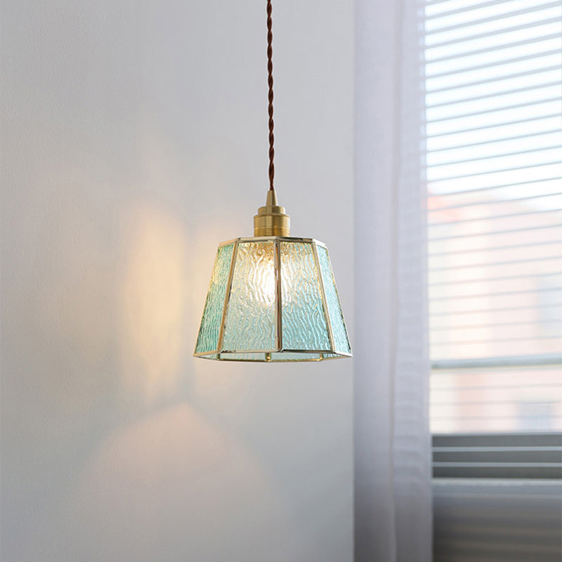 Lustre suspendu en laiton à 1 lumière en verre trapézoïdal polygonal vintage traditionnel pour salon 