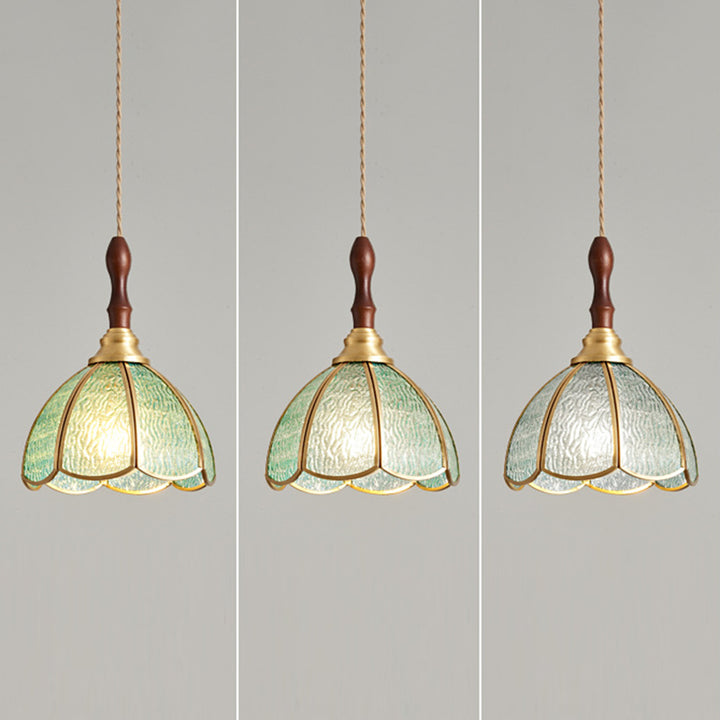 Contemporary Scandinavian Scalloped Round Leaf Glass Copper 1-Light Pendant Light For Living Room