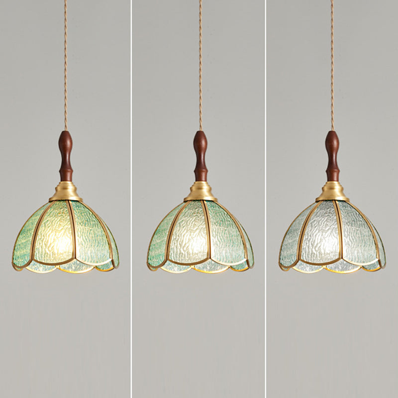 Contemporary Scandinavian Scalloped Round Leaf Glass Copper 1-Light Pendant Light For Living Room