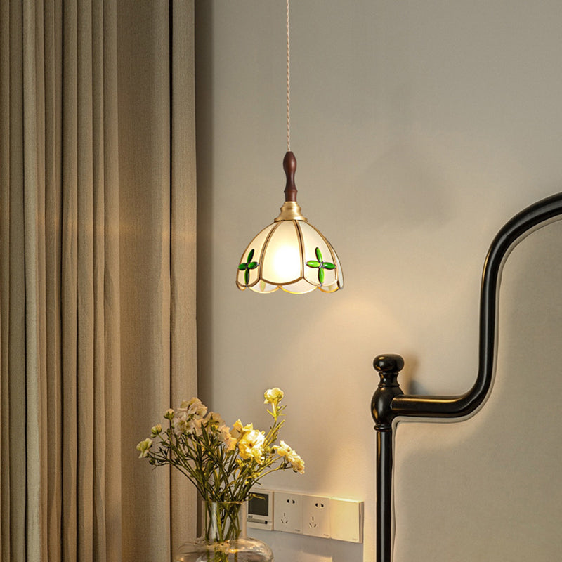 Contemporary Scandinavian Scalloped Round Leaf Glass Copper 1-Light Pendant Light For Living Room