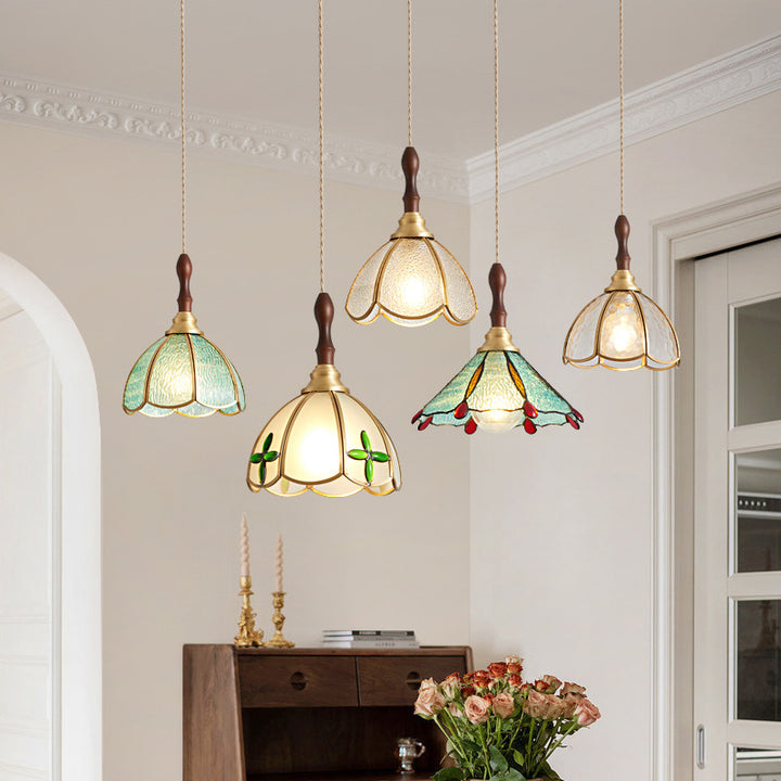 Contemporary Scandinavian Scalloped Round Leaf Glass Copper 1-Light Pendant Light For Living Room