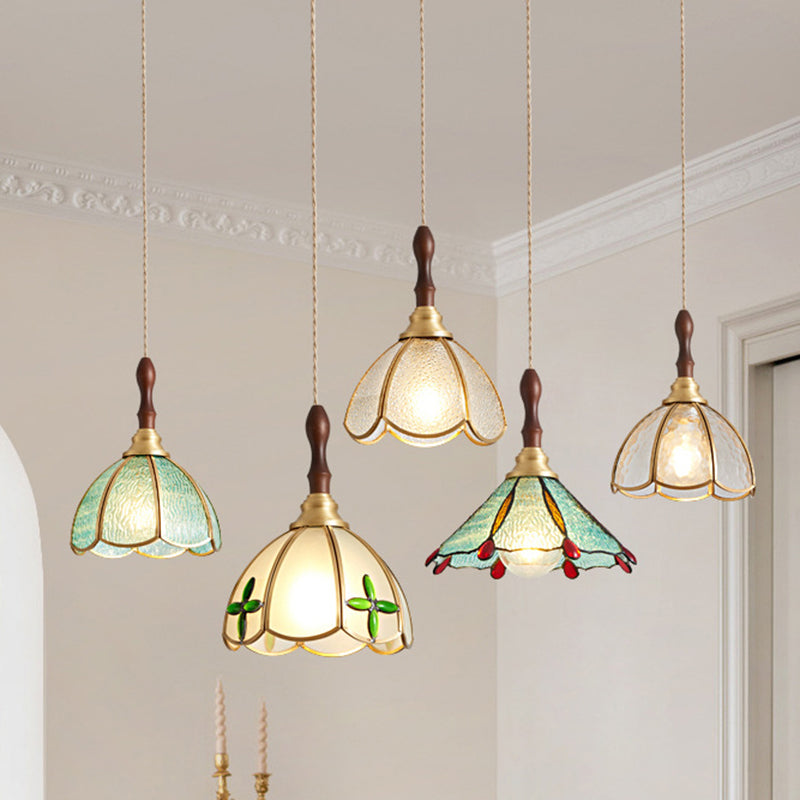 Contemporary Scandinavian Scalloped Round Leaf Glass Copper 1-Light Pendant Light For Living Room