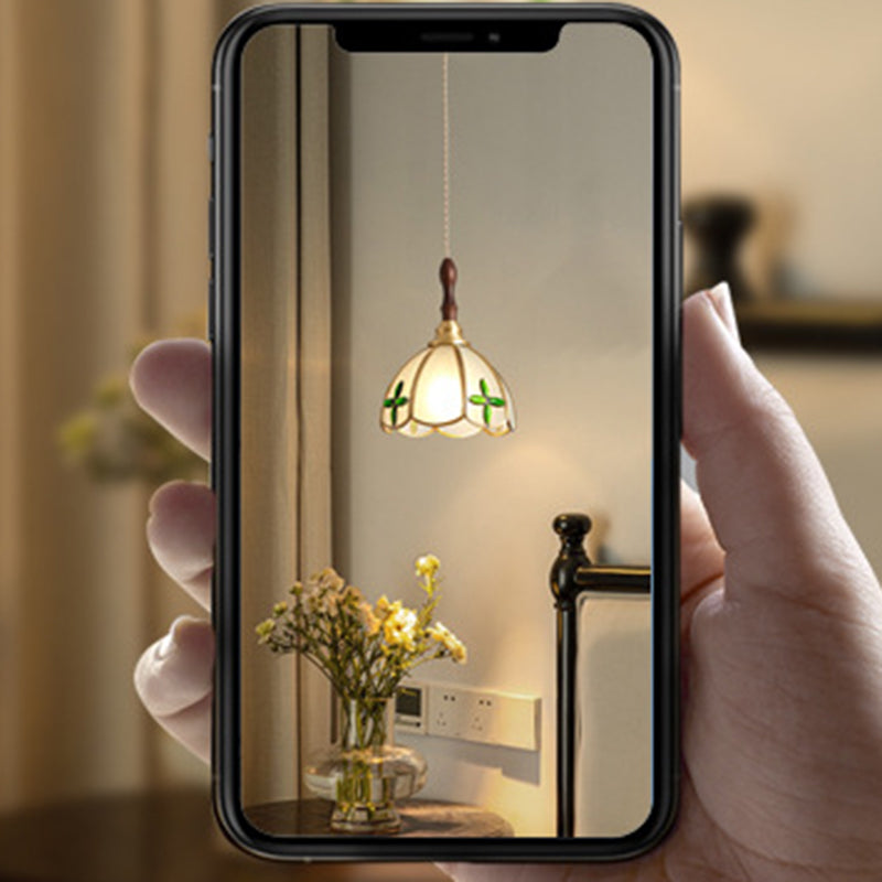 Contemporary Scandinavian Scalloped Round Leaf Glass Copper 1-Light Pendant Light For Living Room