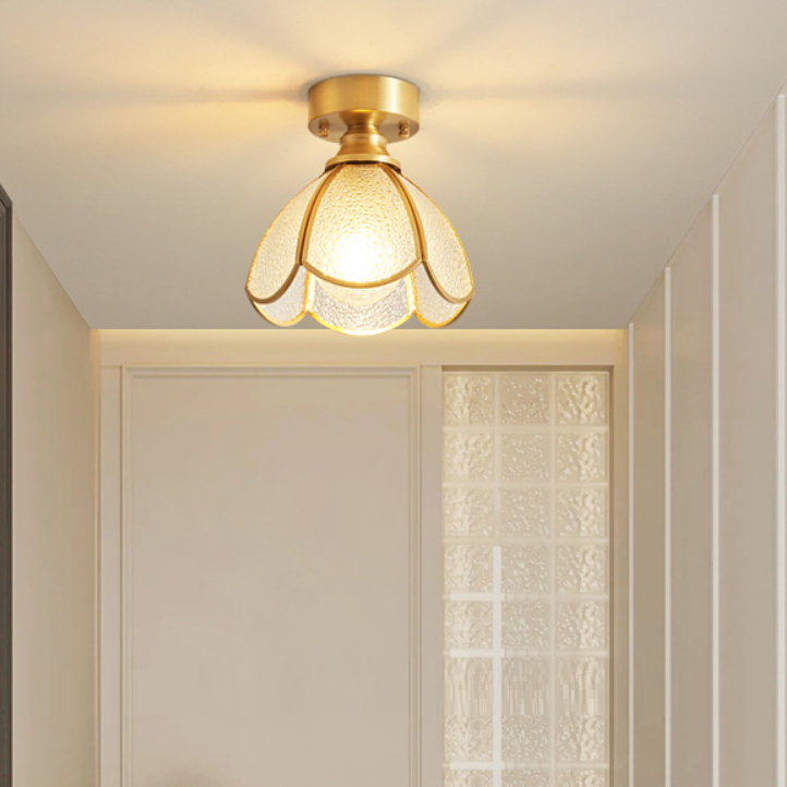 Lustre de plafond semi-encastré à 1 lumière en cuivre avec verre parapluie rond à feuille vintage traditionnel pour salon 